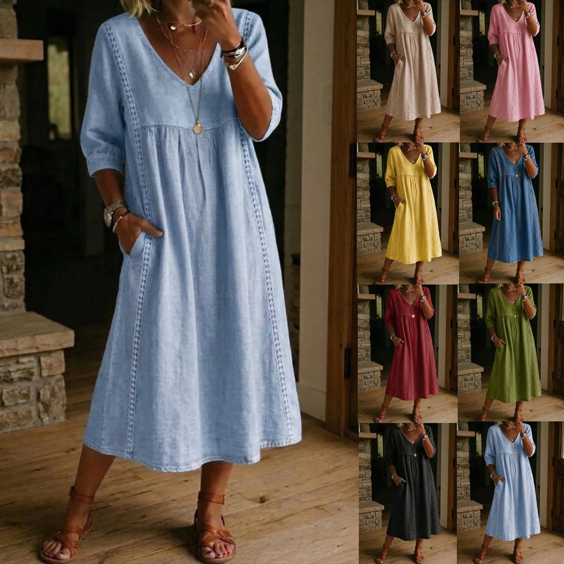 2026 Damen Lässiges Midi-Kleid, Einfarbiges V-Ausschnitt-Kleid mit Spitzenbesatz, Halblange Ärmel Alltagskleid – Detail 4