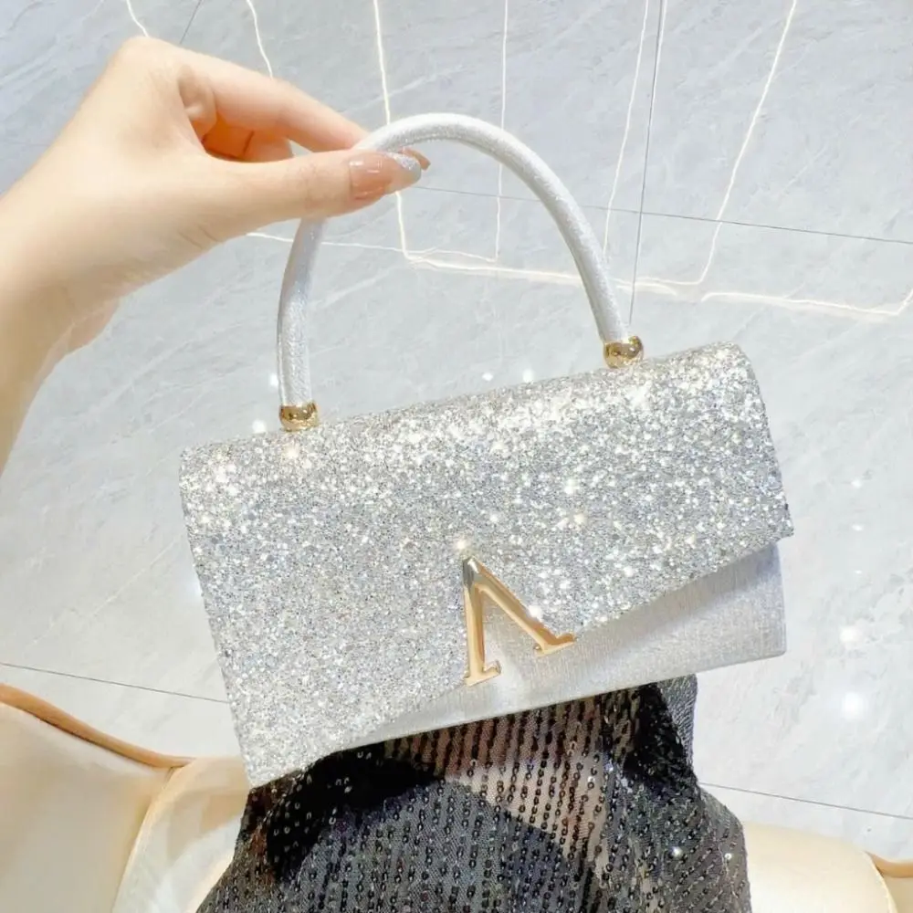 

French Sequin Evening Banquet Bag Silver Glitter Box Handbag Large Capacity Mobile Phone Pouch Crossbody Bag Party