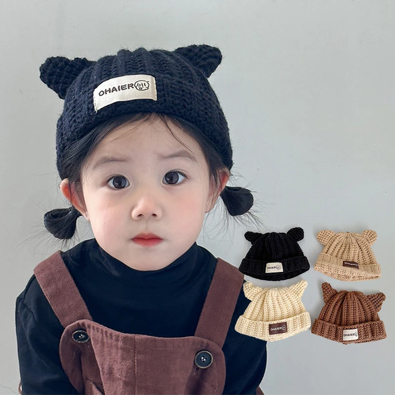 

Cute Horns Beanies Children Girl Knitted Hat Fashion Kids Woolen Pullover Cap 1-4Year Boys Baby Winter Warm Crochet Bonnet
