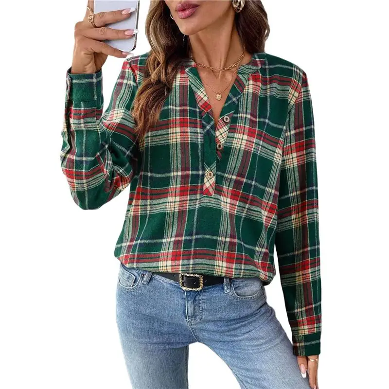 

CYL-Women's V Neck Plaid Shirts Dressy Casual Button-Down Business Work Boho Tops Long Sleeve Fall Outfits Dark Green M