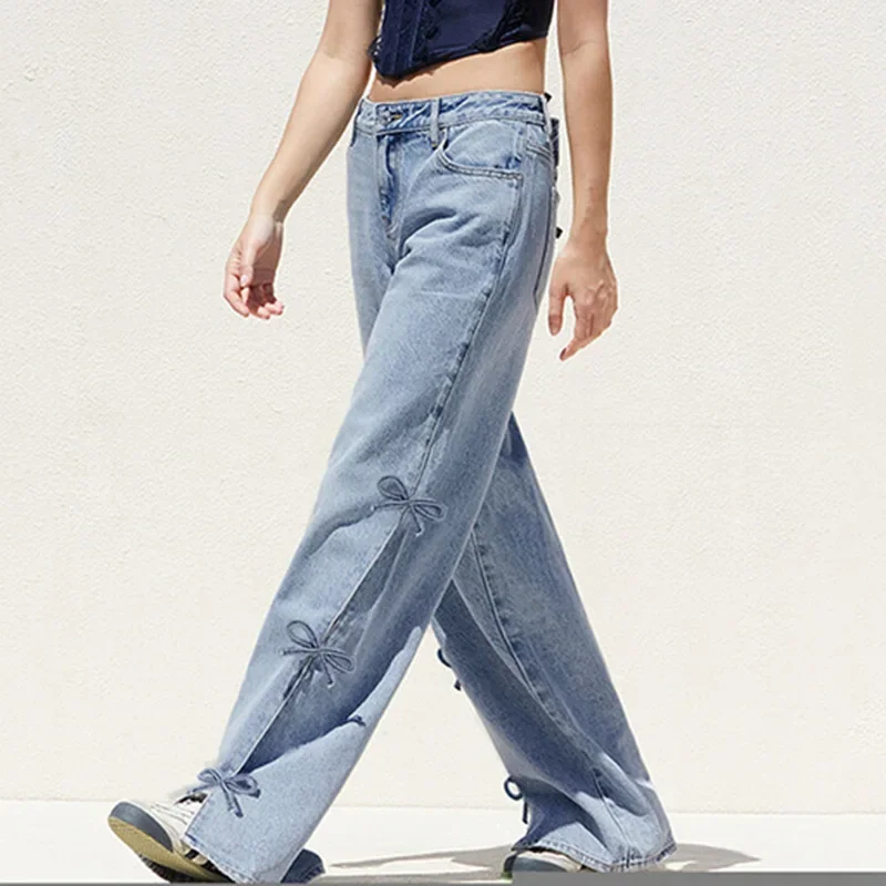 Retro gewaschene Hose aus reiner Baumwolle mit geradem Bein, lässige, lockere Hose mit niedriger Taille y2k Streetwear Bow Split Jeans Damen hose