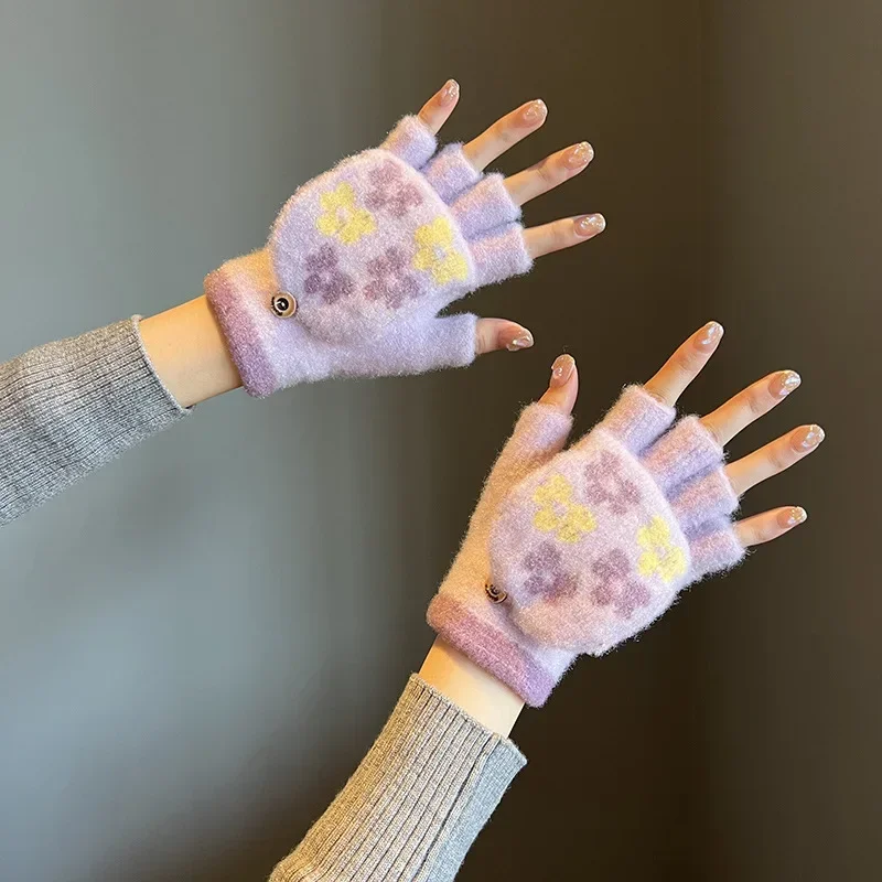 Guantes cálidos con solapa para mujer, guantes de medio dedo, lindos guantes de felpa sin dedos, Invierno para estudiantes