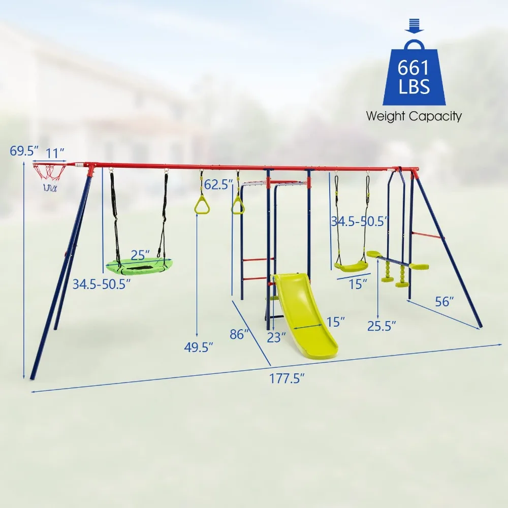 Swing Sets para quintal, 7 em 1, A-Frame, Heavy Duty, Metal Swing Stand com Slide, 2 Swings, Planador, Anéis de trapézio, Basquete Hoop