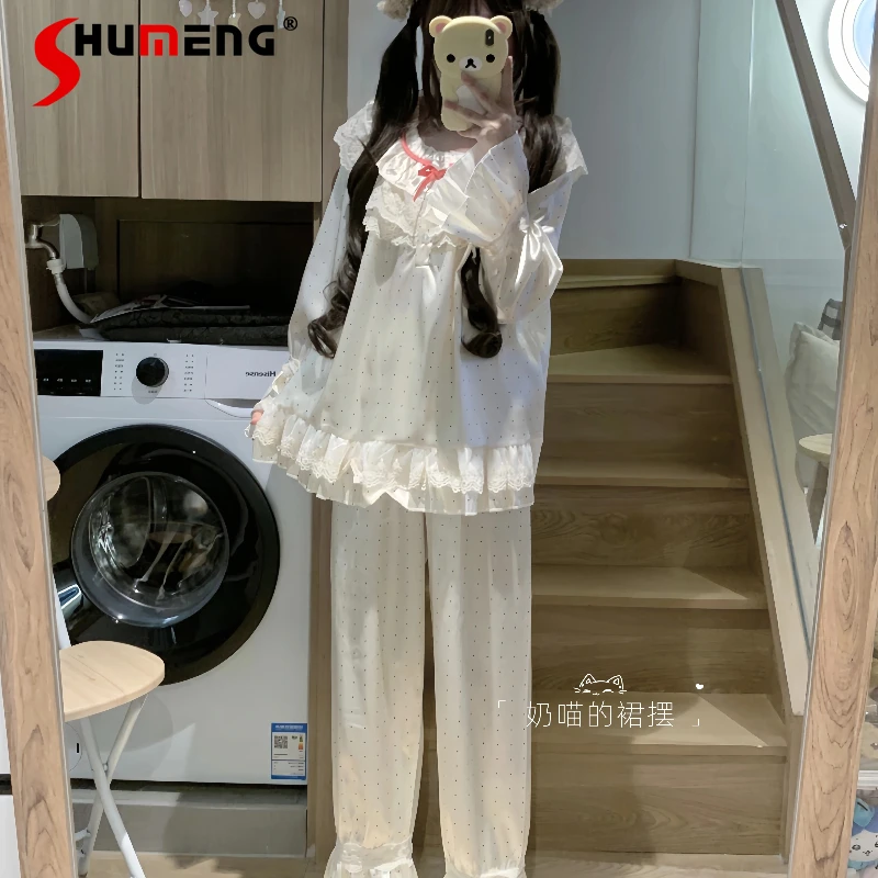 Pijamas bonitos de primavera y otoño para niña, ropa de casa de seda helada con lunares, deseo puro, estilo dulce, salón de dormir japonés