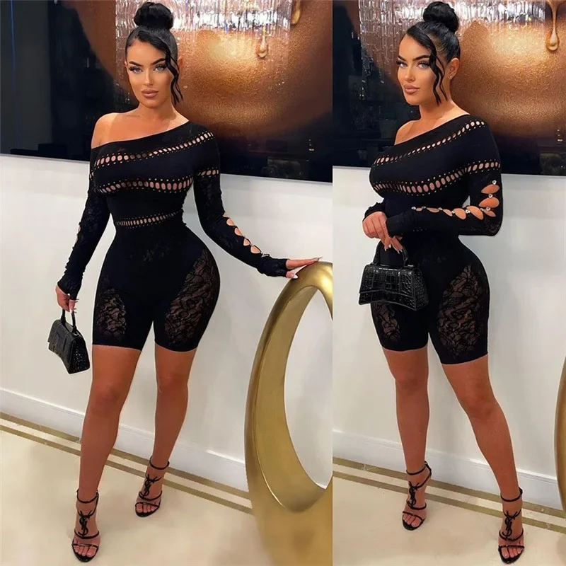 

Thick Hollow Out Knitted Women Rompers Jumpsuit Sexy Slash Neck Off Shoulder Long Sleeve Lace Crochet See Through Club Playsuits