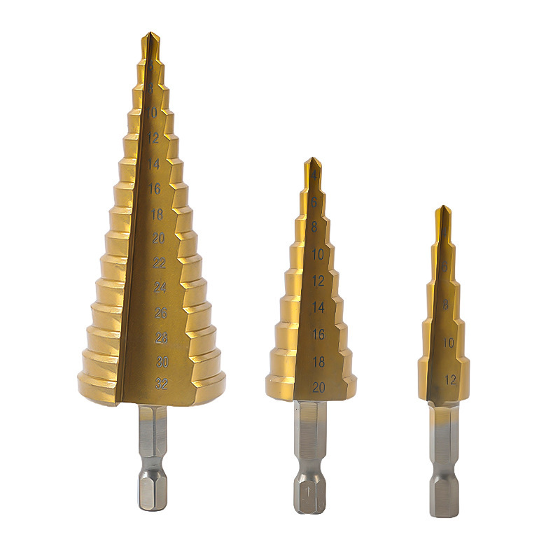 3-piece set of hexagonal shank step drill bits - titanium coated straight groove metric cone drill bits for metal use 