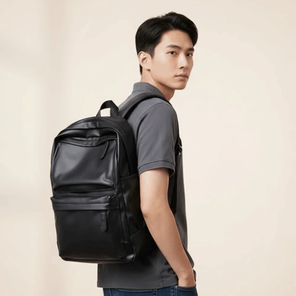 

PVC Leather Backpack Men Water Resistant Hidden Zipper Pocket Laptop School Bag Padded Shoulder Strap Black Finish