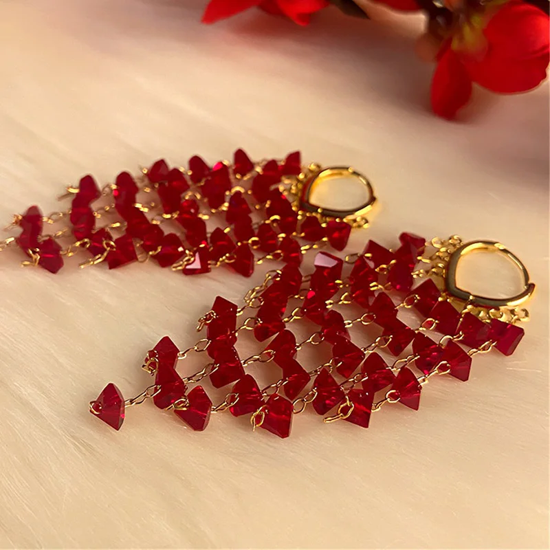 Brand New Red AAA Crystal Tassel Earrings New Fashion Light Luxurious Luxurious Long Earrings Unique Earrings Wholesale 2024