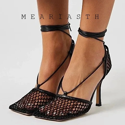 

Big size 35-42 Sexy Mesh Pumps Sandals Female Square Toe High Heel Lace Up Cross-Tied Stiletto Hollow Dress Shoes Zapatos Mujer