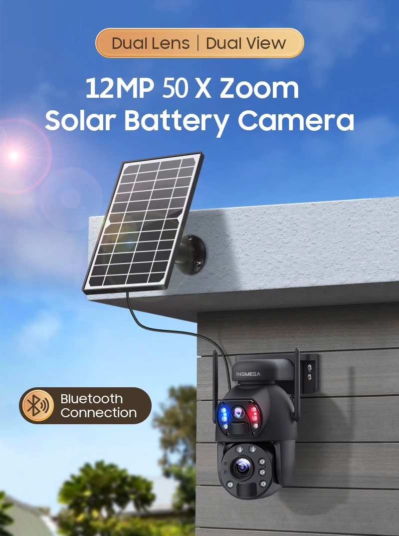 INQMEGA 50X ZOOM 12MP 4G SIM Solar Camera Outdoor 360° Wireless WIFI Battery Security Cameras with Solar Panel PIR Night Vision