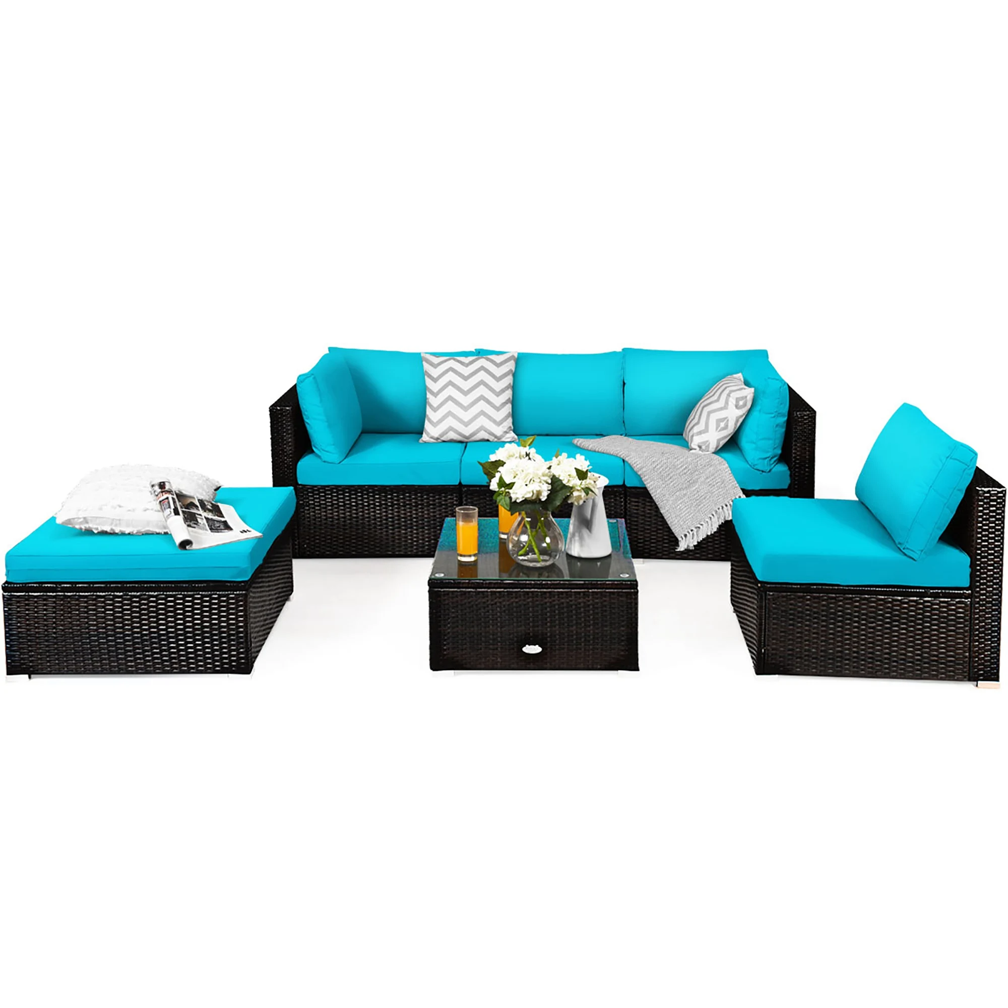 6PCS Outdoor Patio Rattan Furniture Set Cushioned Sectional Sofa Turquoise