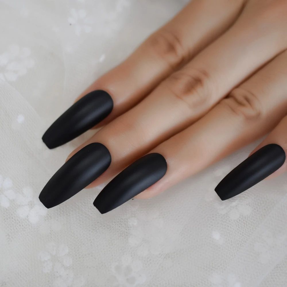 Black Frosted Fake Nails Extra Long Flat Matt Faux Ongles Ballerina Manicure Tips Salon Quality Thick Tip 24