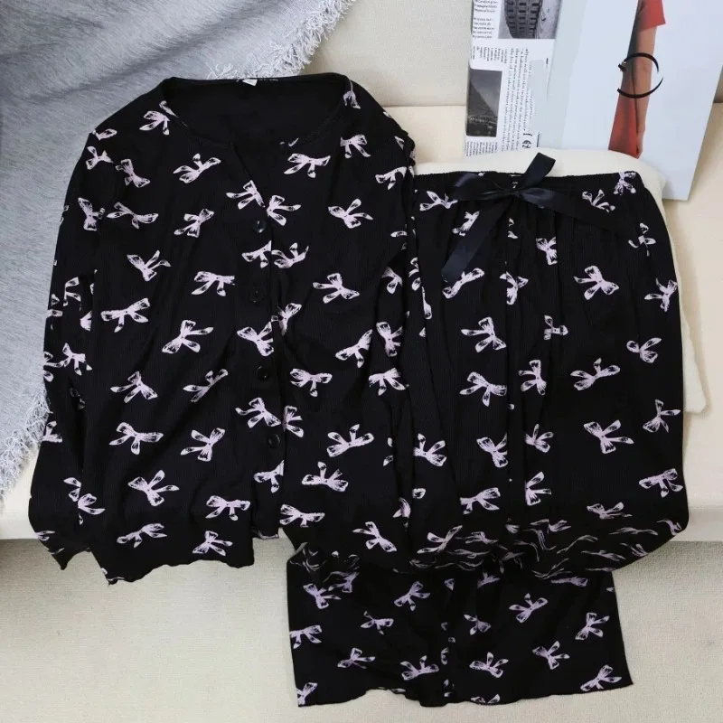 

2PCS/Set Women V-neck Long-Sleeved Pajamas Autumn Winter New Bow Print Pajamas Set Cute Sweet Dog Women's Sleepwear Homewear