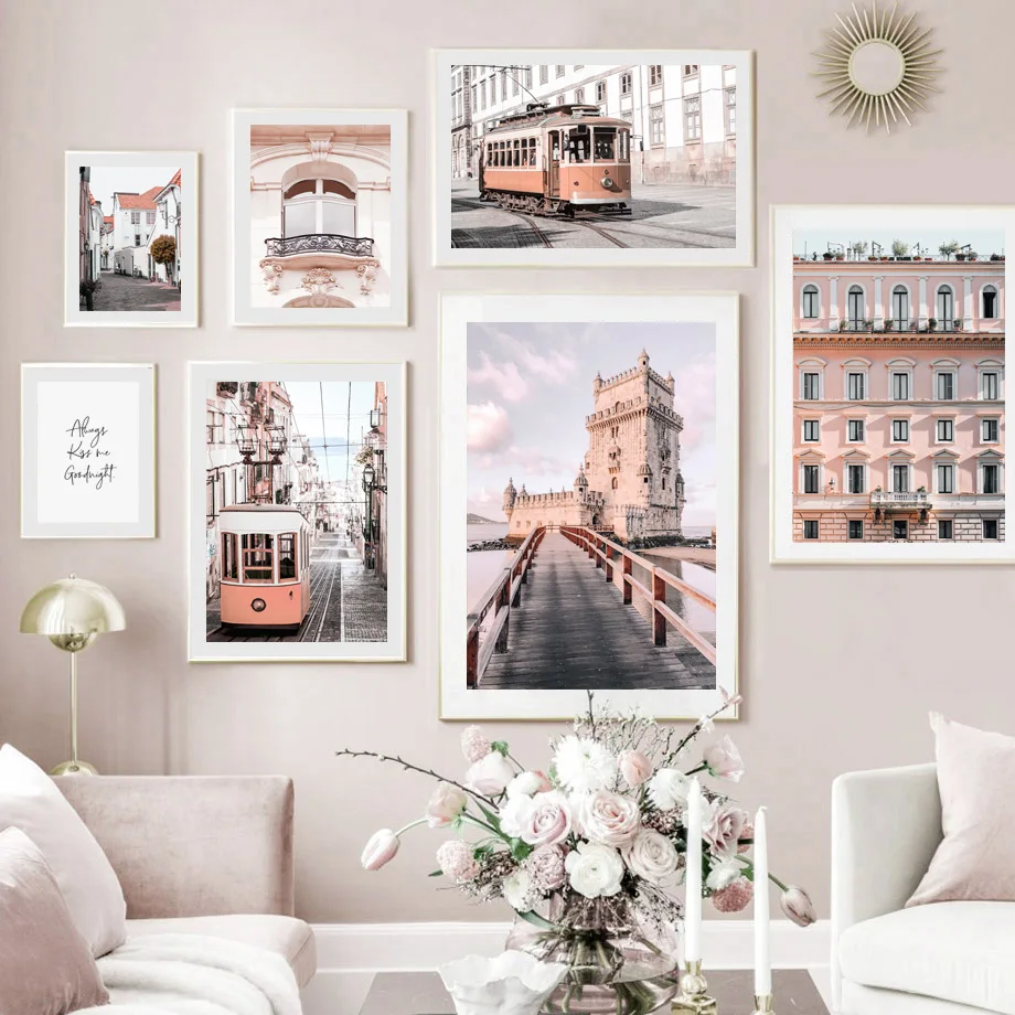 Lisbon Wall Art Canvas Prints Portugal Tram Belém Tower Posters, Pink Beige Boho Cityscape  Living Room Travel Lover Home Decor
