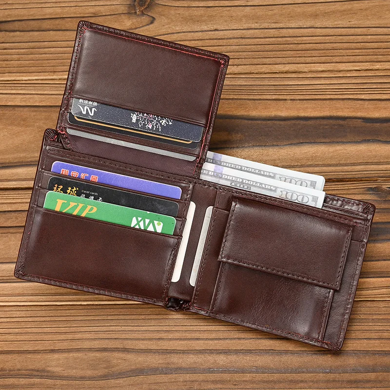 Trifold Genuine Leather Wallet Card Clip Wallet Men Male Short Purse Wallet Coins Business Credit Full Grain Leather Wallet