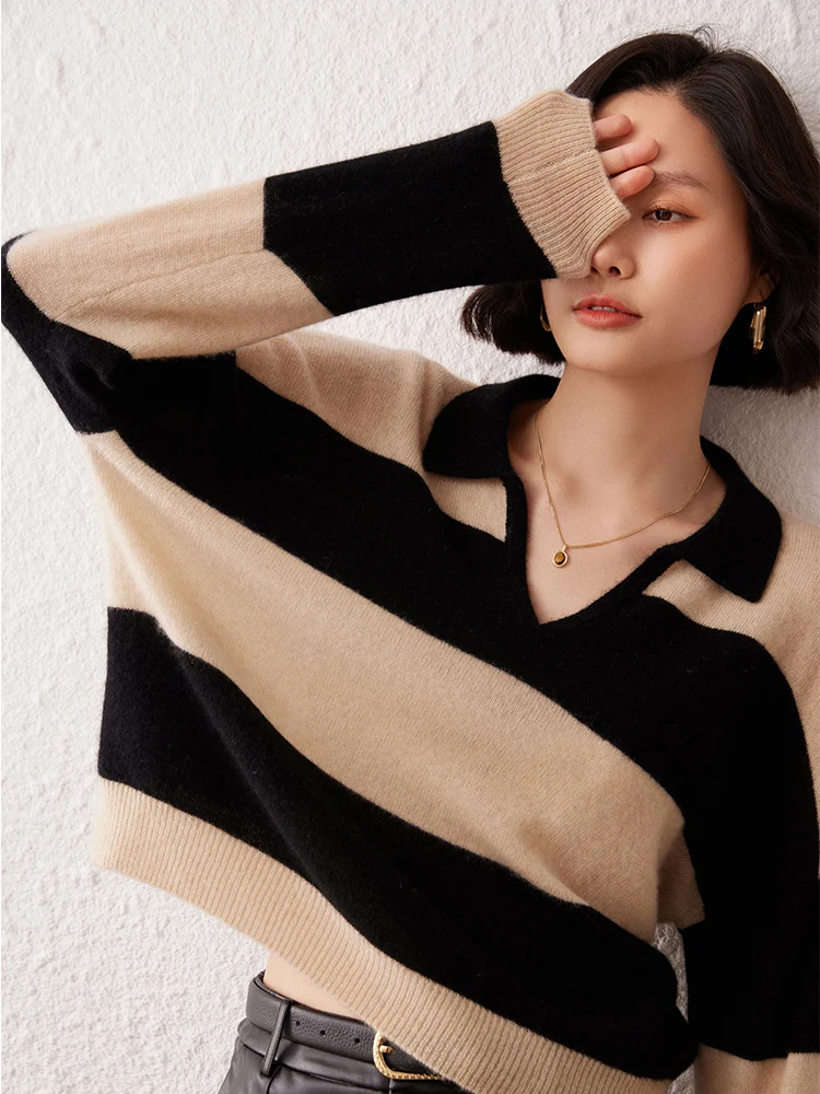 35% Cashmere Women's Lapel Pullover Striped Casual Fashion Thick Cashmere Knitted Sweater