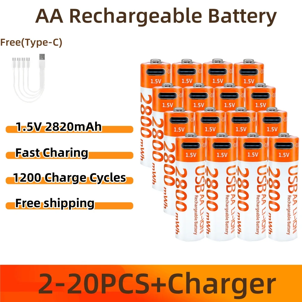 

1.5V 2800mWh AA Rechargeable Battery USB Type-C Rechargeable aa Li-ion Battery for Remote Control Electric Toys Mouse