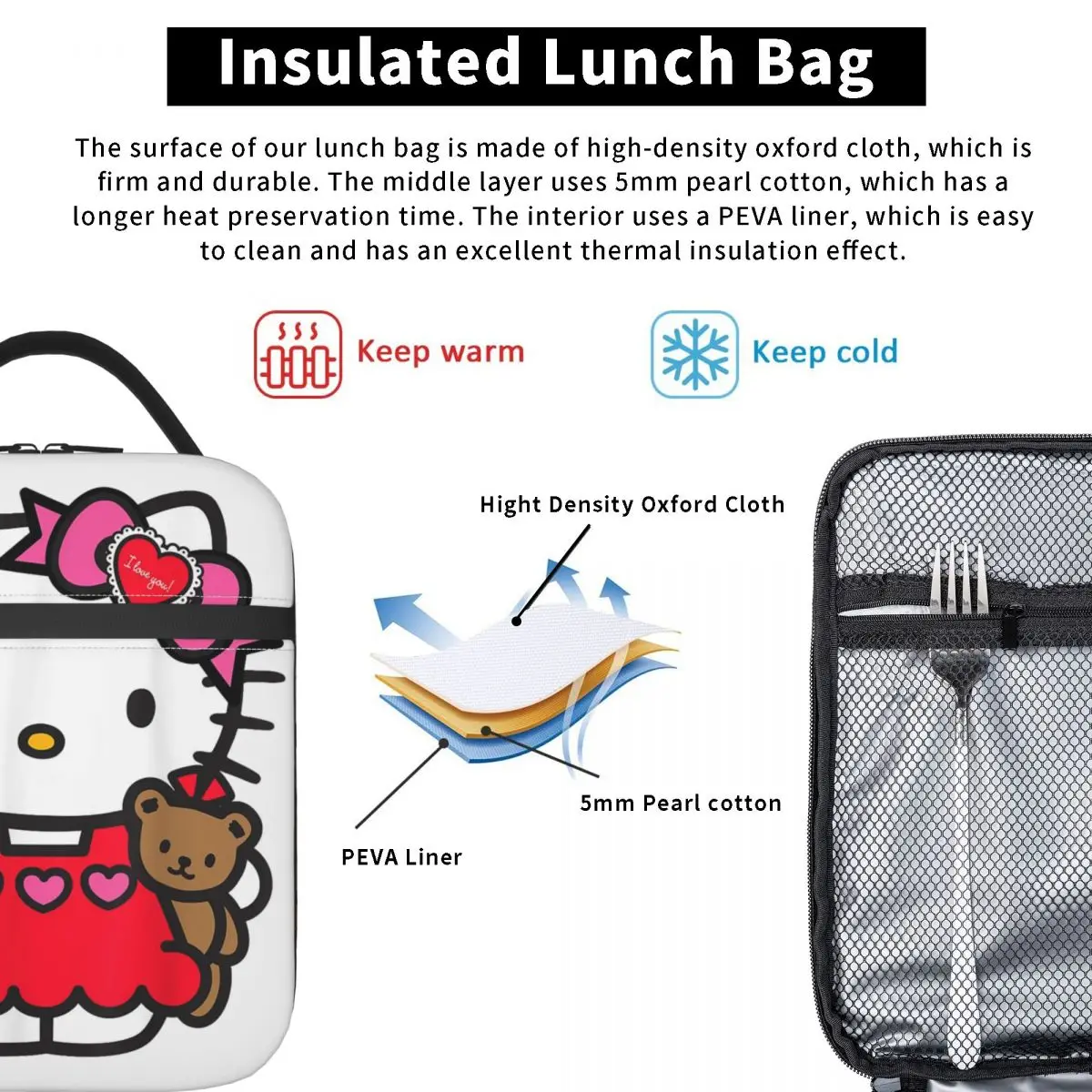 Hello Kitty Valentine Teddy Bear Insulated Lunch Bag Cooler Bag  Lunch Container Leakproof Lunch Box Tote Girl Boy Beach Picnic