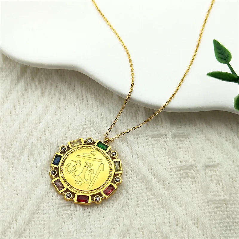 Islam Allah Quran Medal Necklace for Women Men Colorful Zircon Stainless Steel Gold Color Arabic Amulet Necklaces Jewelry