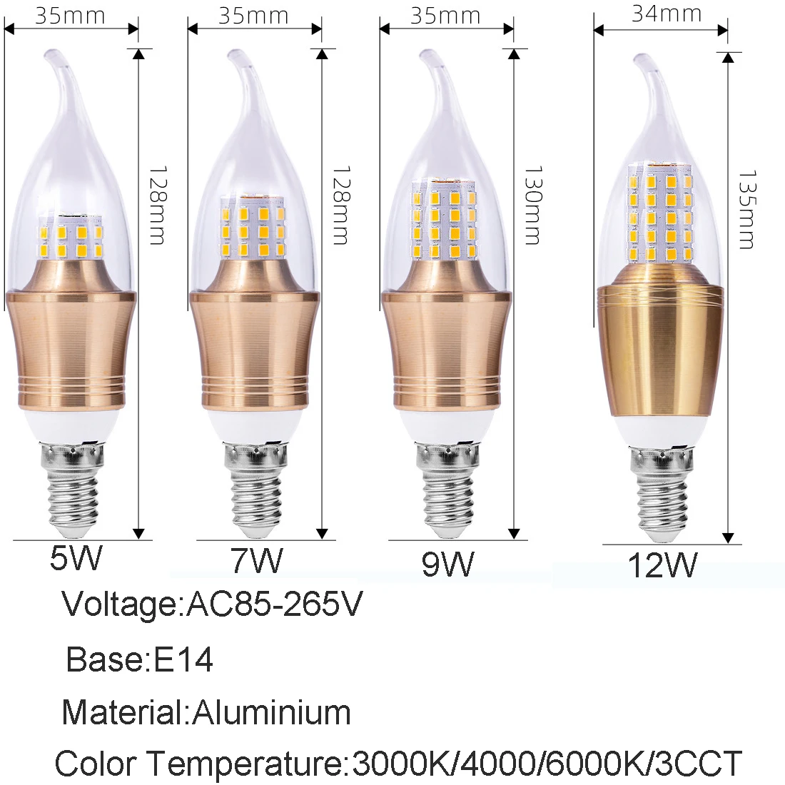 High Quality LED Candelabra Bulb E14 LED Candle Bulbs 5W 7W 9W 12W Daylight White Color Changing Chandelier Bulbs for Pendant