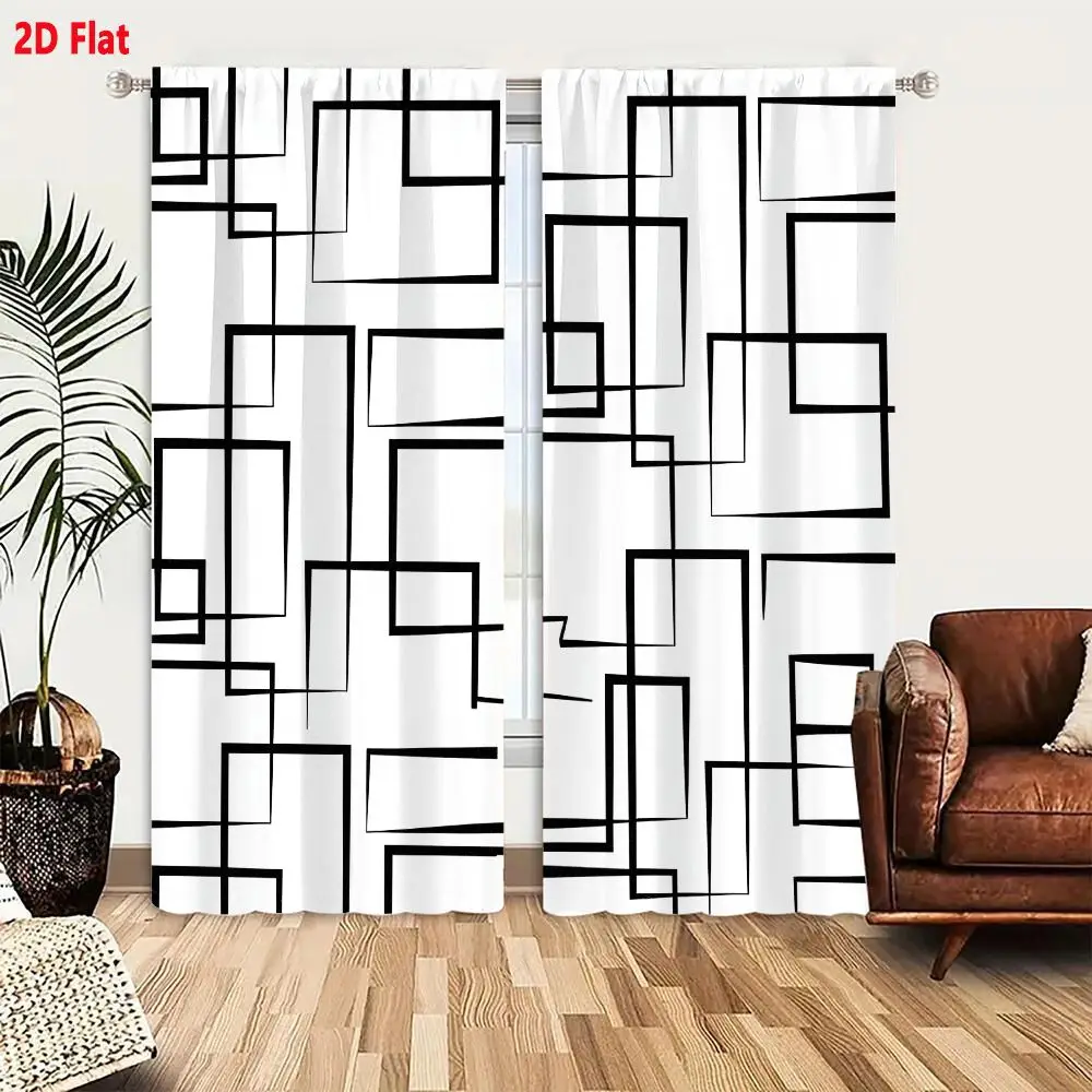 2Pcs Curtains 2D Flat Black And White Abstract Geometric Pattern With Overlapping Rectangles On White Background Window Drapes f