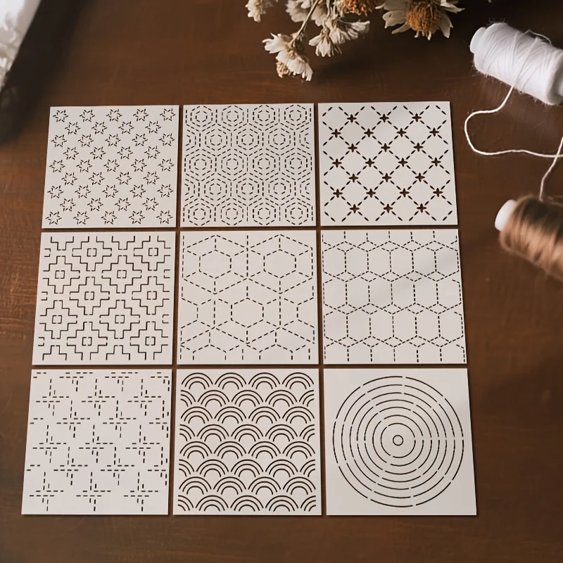 9Pcs Sashiko Embroidery Templates Reusable Pet Sewing Stencils DIY Embroidery Patterns Geometric Line Quilting Template