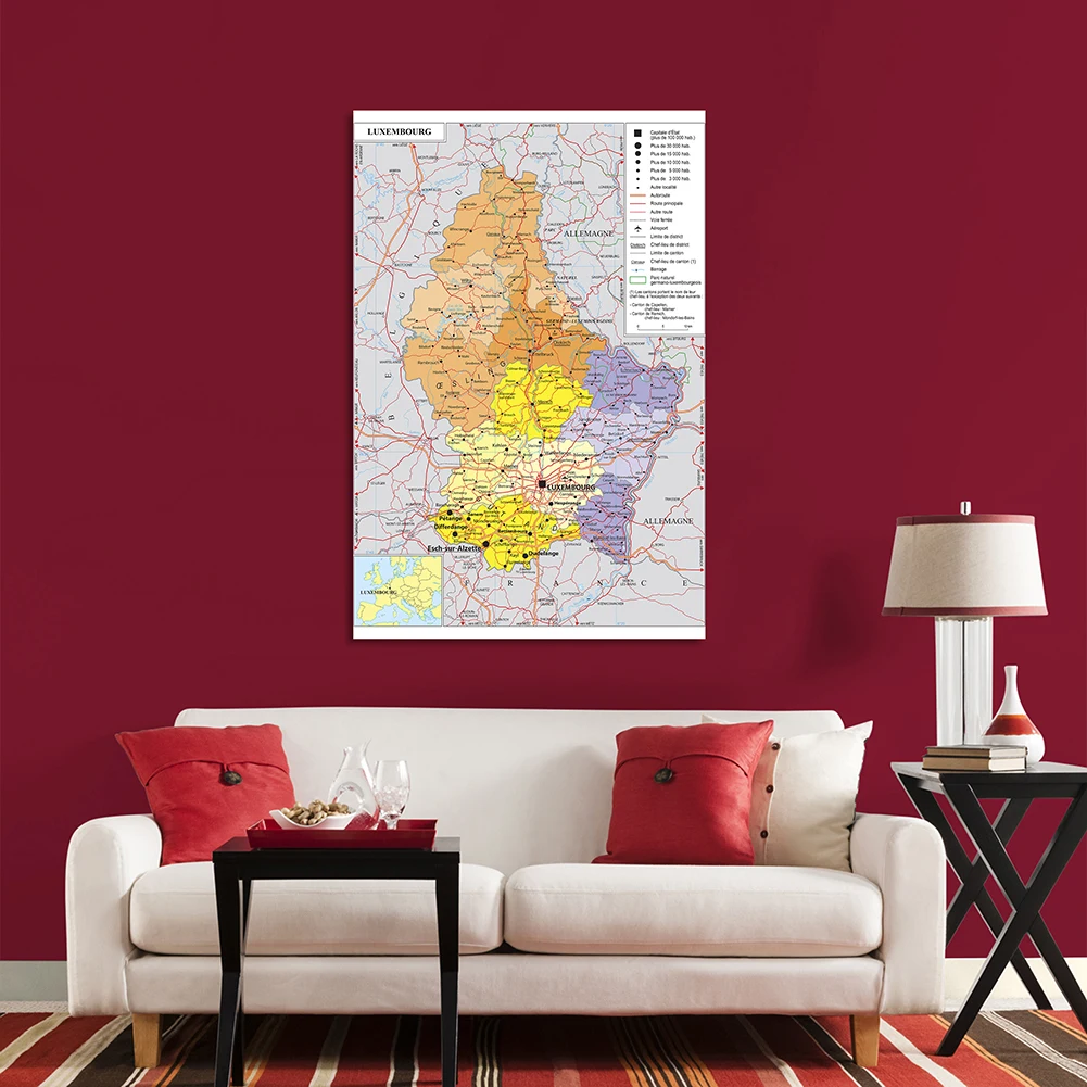 The Luxembourg Map in French Wall Poster Canvas Painting Home Travel School Supplies Decorative Hanging Picture 42*59cm