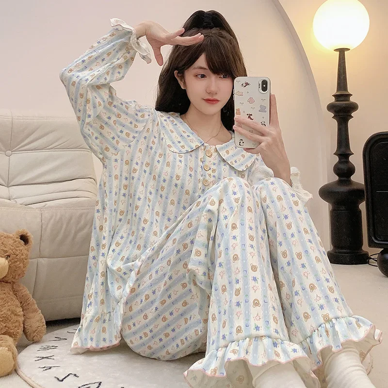 

Plus Size 150kg Loose Pajamas Set for Women Autumn Students Cute Home Clothes Japanese Ins Long Sleeve Trousers Home Clothes