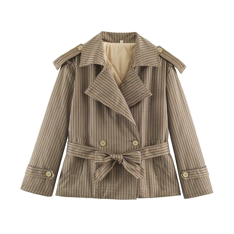 Guobioziy 2026 Winter Elegant Quilted Trench Coat Women Long Sleeve Sash Belt Short Padded Jacket Chic Layering For Daily