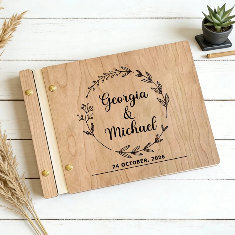 

Cherry Wood Cover Guest Book, Personalized Wedding Guest Book, Wedding Wooden Photo Album, Wedding Anniversary Gift