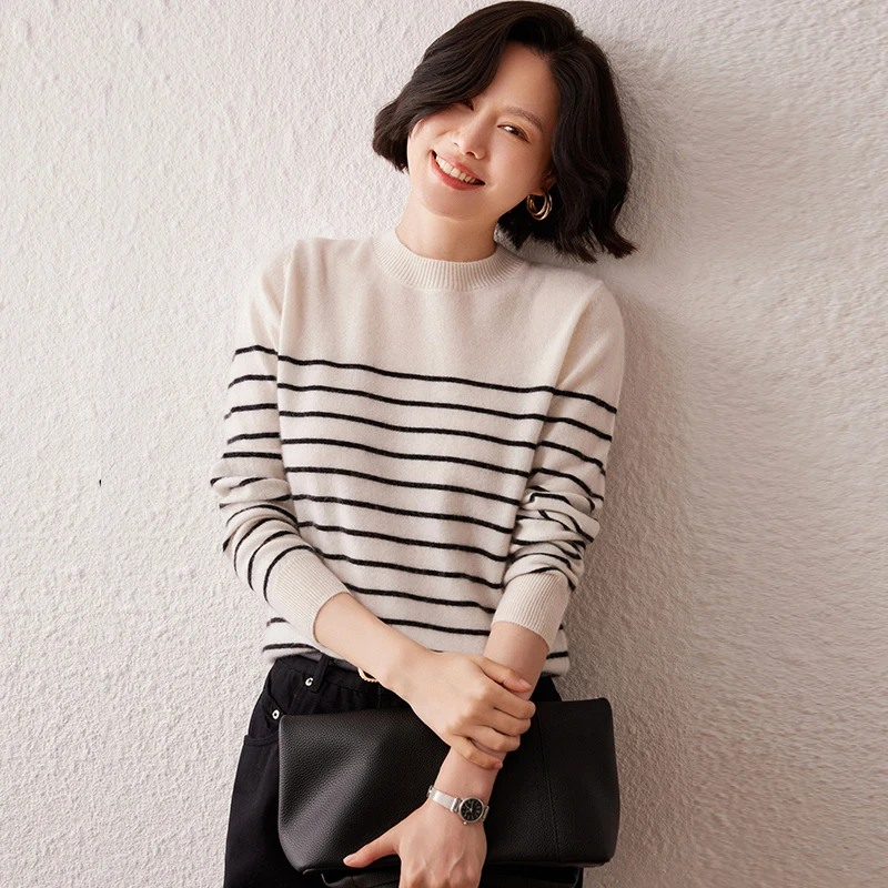 

Autumn New Women's Round Neck 100% Cashmere Sweater Round Neck Striped Pullover Base Sweater Color Block Versatile Wool Top