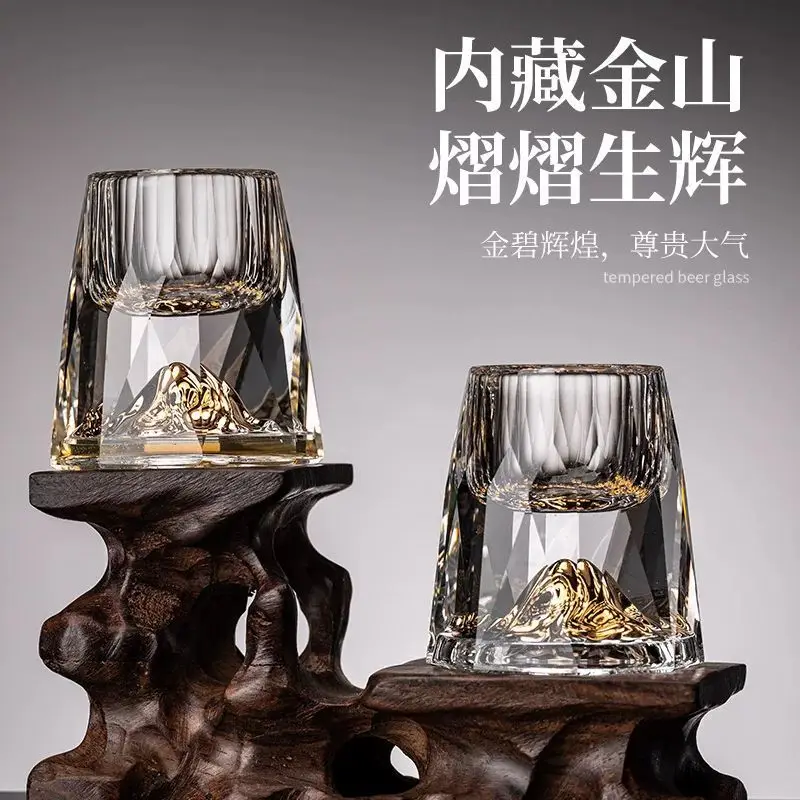 Gold Mountain Whiskey Glass Crystal Tumbler Cup with Golden Volcano Base Luxury Bar Drinking Glassware Gift for Men Whisky