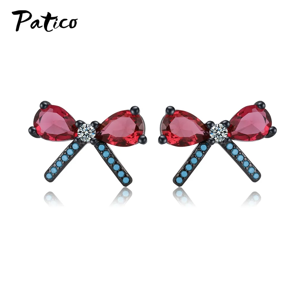 Genuine 925 Sterling Silver Cute Bowknot Crystal Statement Earrings For Women Girls Wedding Engagement Fashion Jewelry