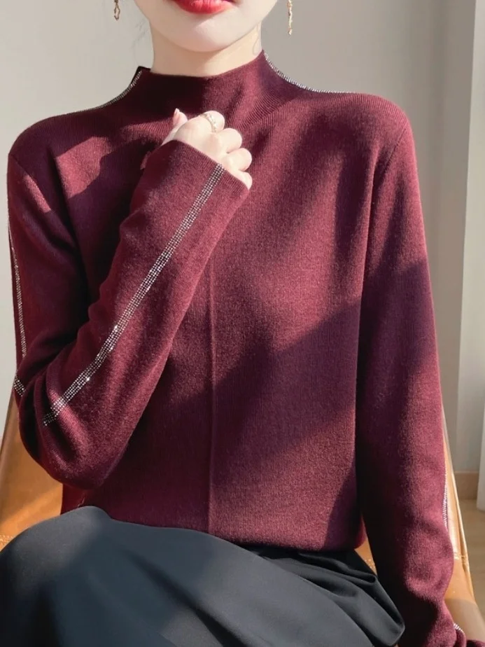 Pull tricoté lourd femme Sle f col haut chaud Faionable avec strass décontracté coupe droite longue Sve