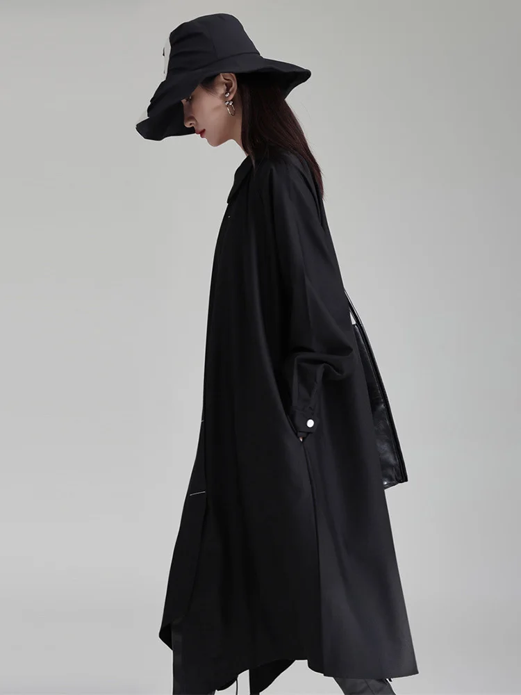 [EAM] Women Black Big Size Midi Shirt Dress New Peter Pan Collar Long Sleeve Loose Fit Fashion Tide Spring Autumn 2024 1DH2780