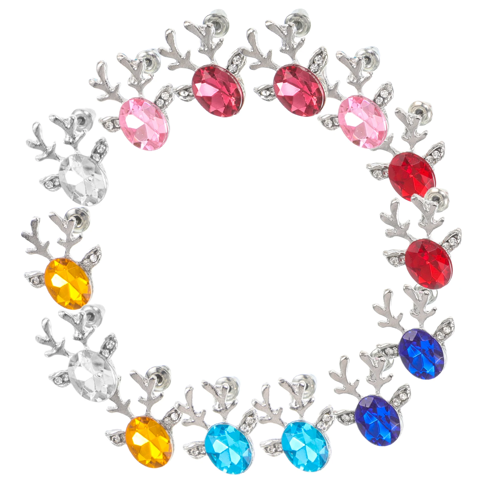 

14Pcs Christmas Reindeer Earrings Crystal Gemstone Antler Mini Studs Silver Pink Blue Red Purple Yellow White Earrings for Party