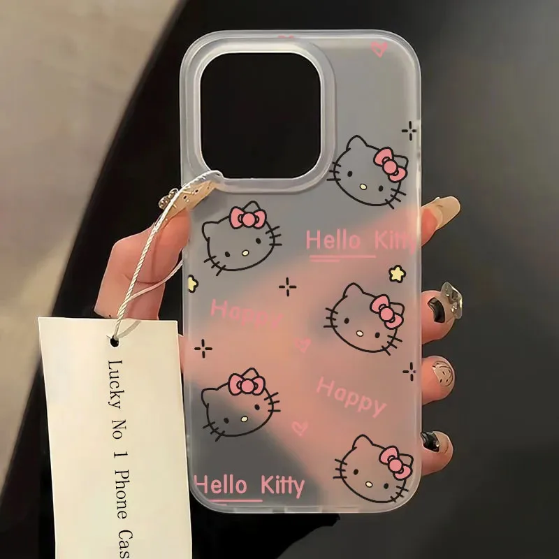 Full Screen Line Hello Kitty Pink Bow Strap Phone Case For iPhone 16 15 14 13 12 11 Pro Max XR XS MAX 7 8 PLUS Y2K Matte Cover