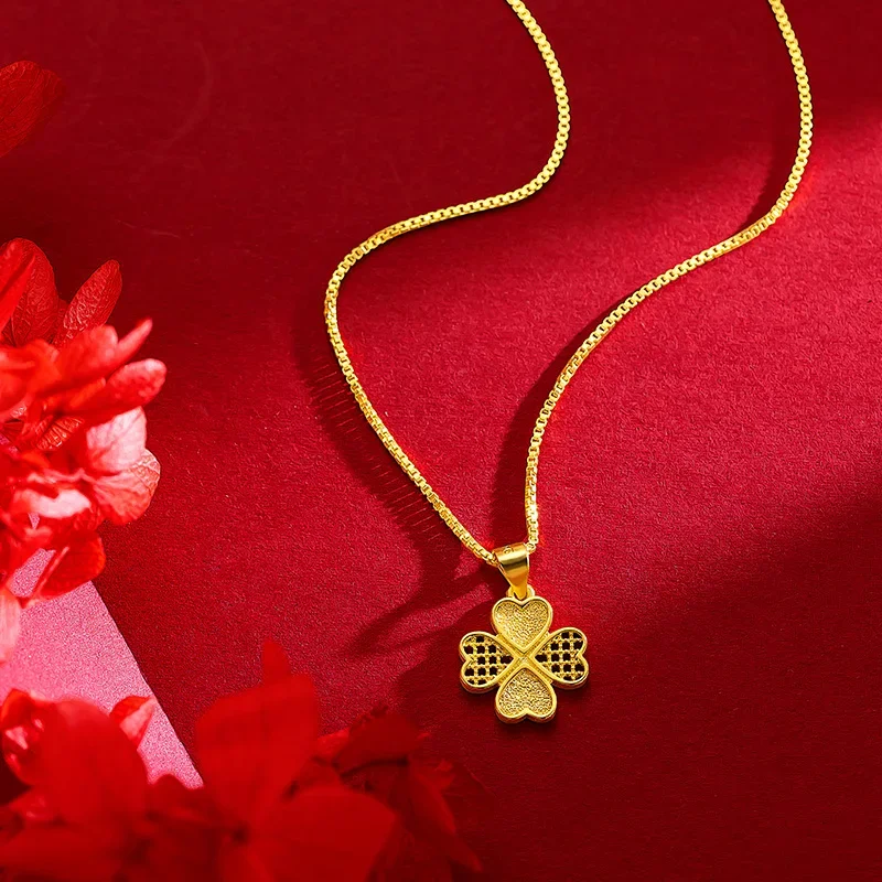 9999 Real Gold 24K Female niche popular four-leaf clover necklace ins high-end four-leaf clover love collarbone necklace