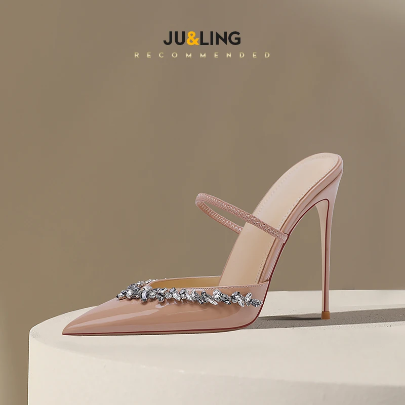 

New nude elastic band rhinestone high-heeled sandals for women, patent leather half slippers with toe caps and thin heels