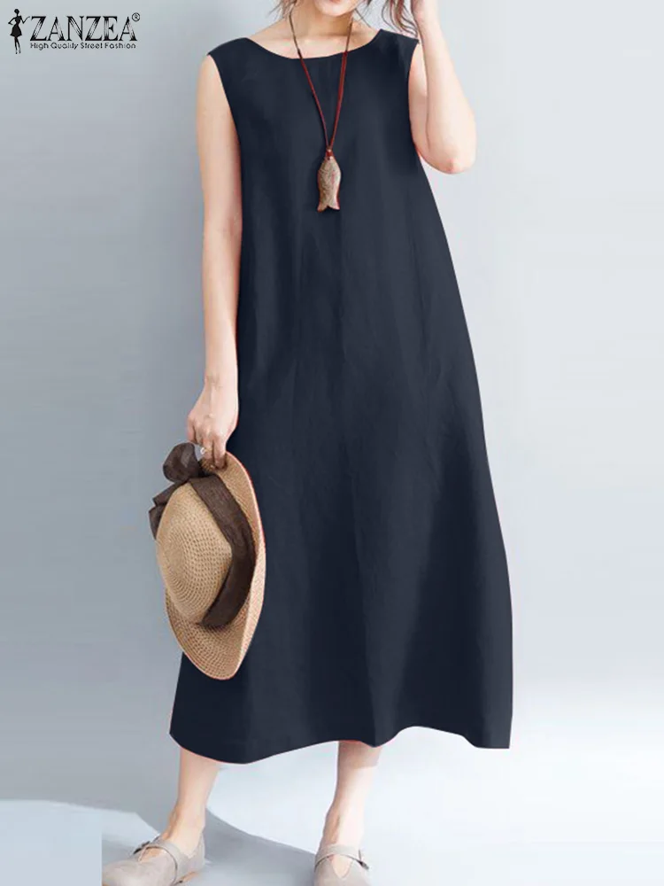 ZANZEA Summer Holiday Casual Dress Sleeveless Solid Mid-Calf Length Robe Fashion Elegant Beach Vestidos Women A Line Sundress