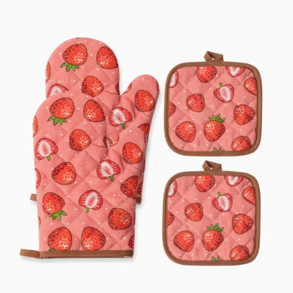 2pcs Heat Resistant Cotton Oven Mitts Thickened Anti-scald Kitchen Microwave Mittens Angled Cuff Cotton Lining