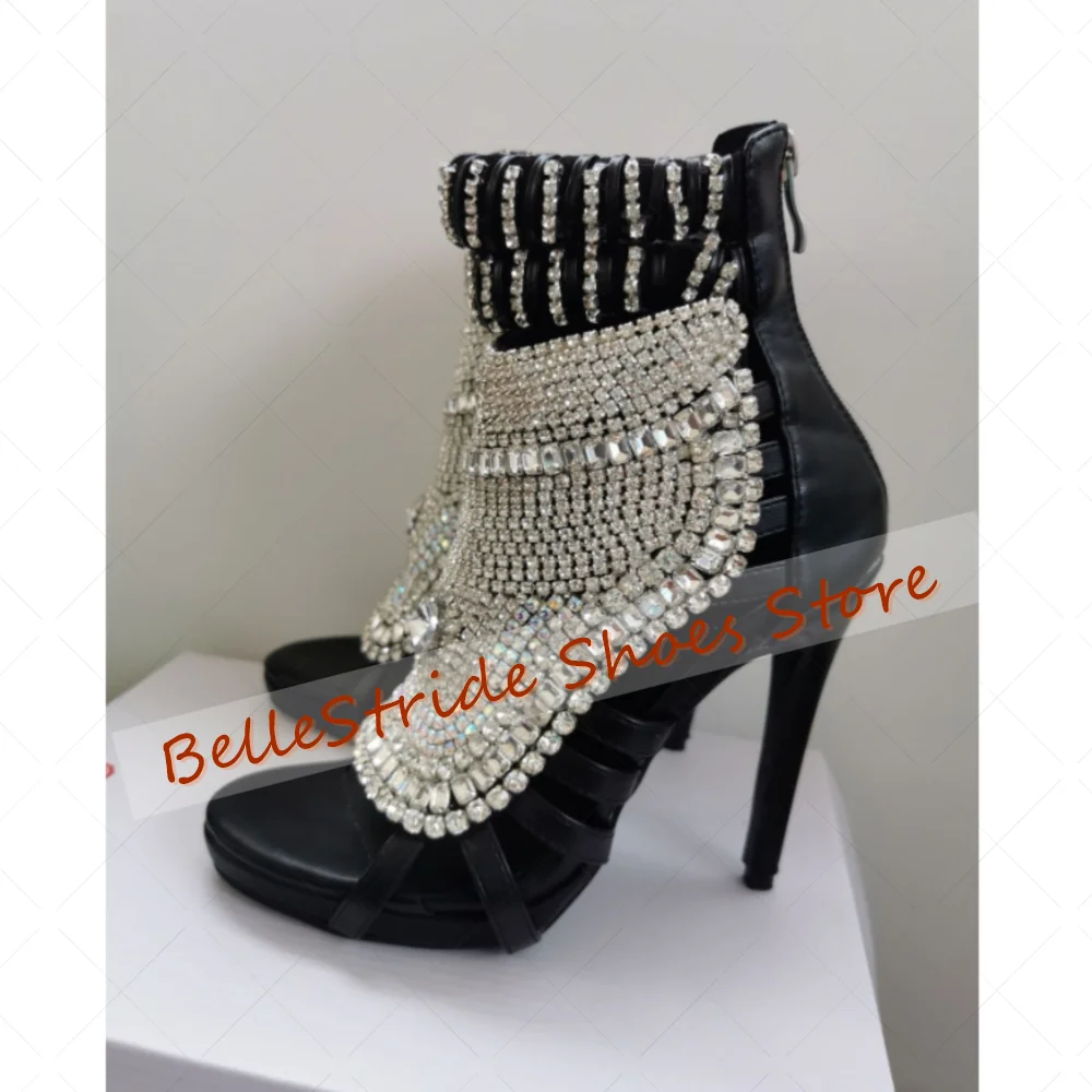 

Black Hollow Out Crystal Sandals Back Zipper Women Shoes Stilettos High Heels Party Banquet Dating 2025 Zapatos Para Mujere