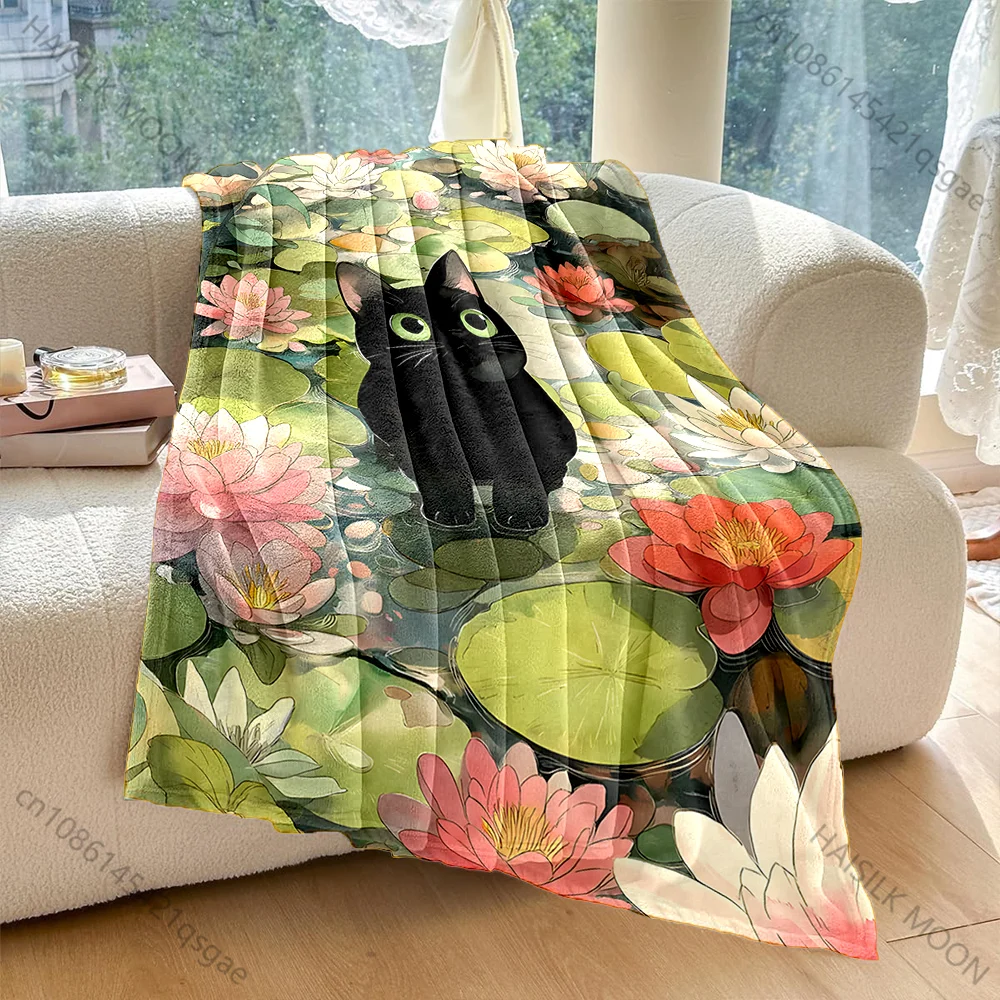 1PC Black cat amid waterlilies Print Blanket Warm Soft Fluffy Kids and Adult Sofa Bed Throw Blanket Outdoor Travel Camping RV