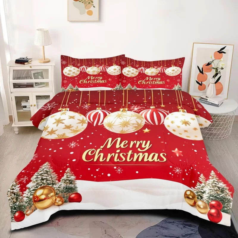

Large Christmas themed white and red bedding set, 3-piece set, holiday decoration duvet cover