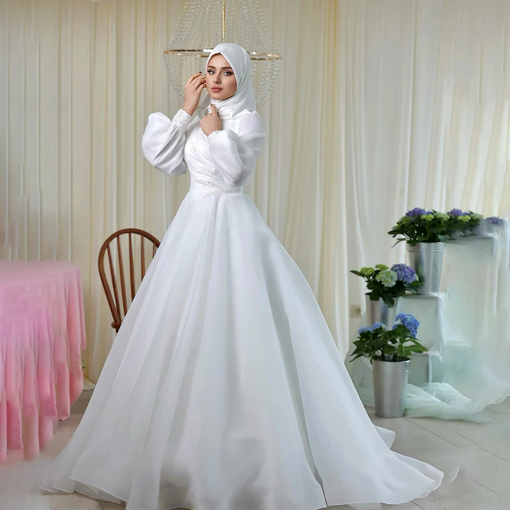 

Muslim Weddings Dresses with Hijab Long Puff Sleeve High Collar Modest Brides Dress A-Line Pleat Beading Bridal Gown Customized