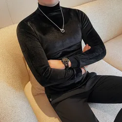 2024 Spring Velvet T-shirt Men Long Sleeved Half Turtleneck Tshirt Solid Color Casual Business Social Interaction Undershirt