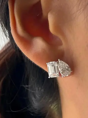 FEOBUR 4cttw Two Stone Moissanite Stud Earrings 925 Sterling Silver Pear & Emerald Cut 2-Diamond Ear Studs Women Wedding Jewelry