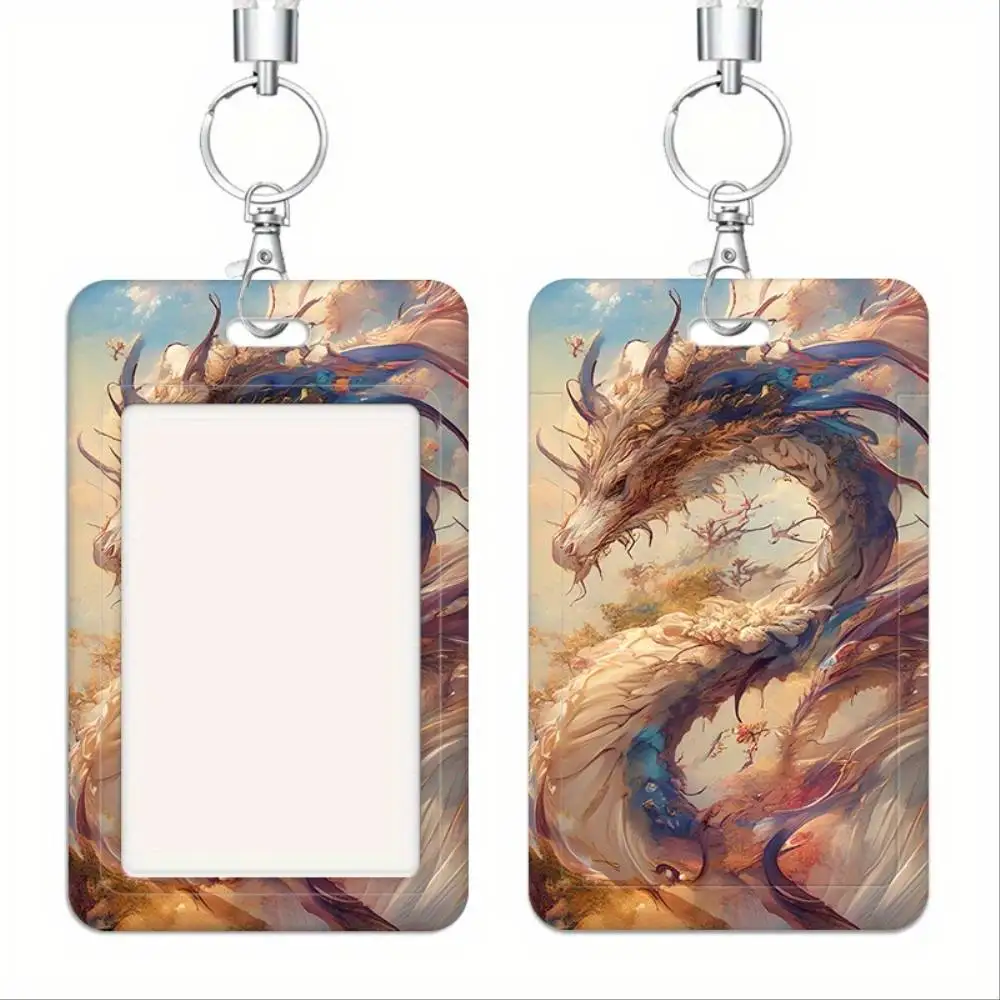 Sky Dragon ID Card Holder Plastic 2 Slot Card Protector Vibrant Dragon Art For Doctor Nurse Student Staff Bank Access Card