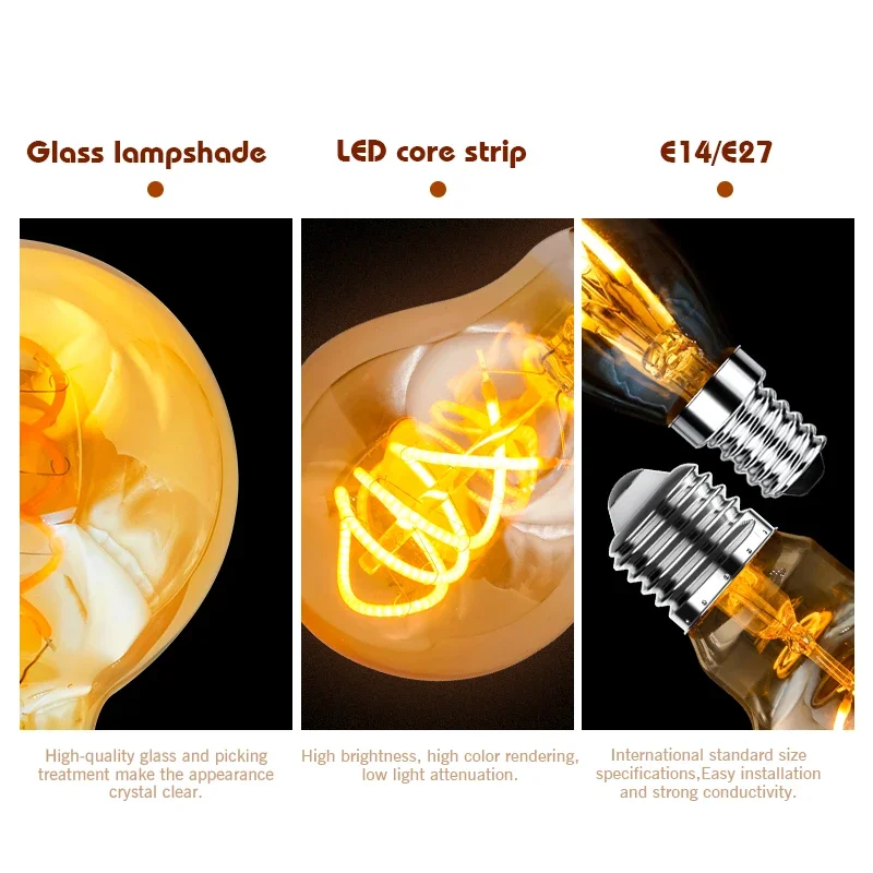 Imagem -03 - Retro Dimmable Led Edison Lâmpada E27 E14 Ouro Filamento Espiral 4w Ampola Lâmpada Led Lustre Incandescente Iluminação Decorativa Pcs