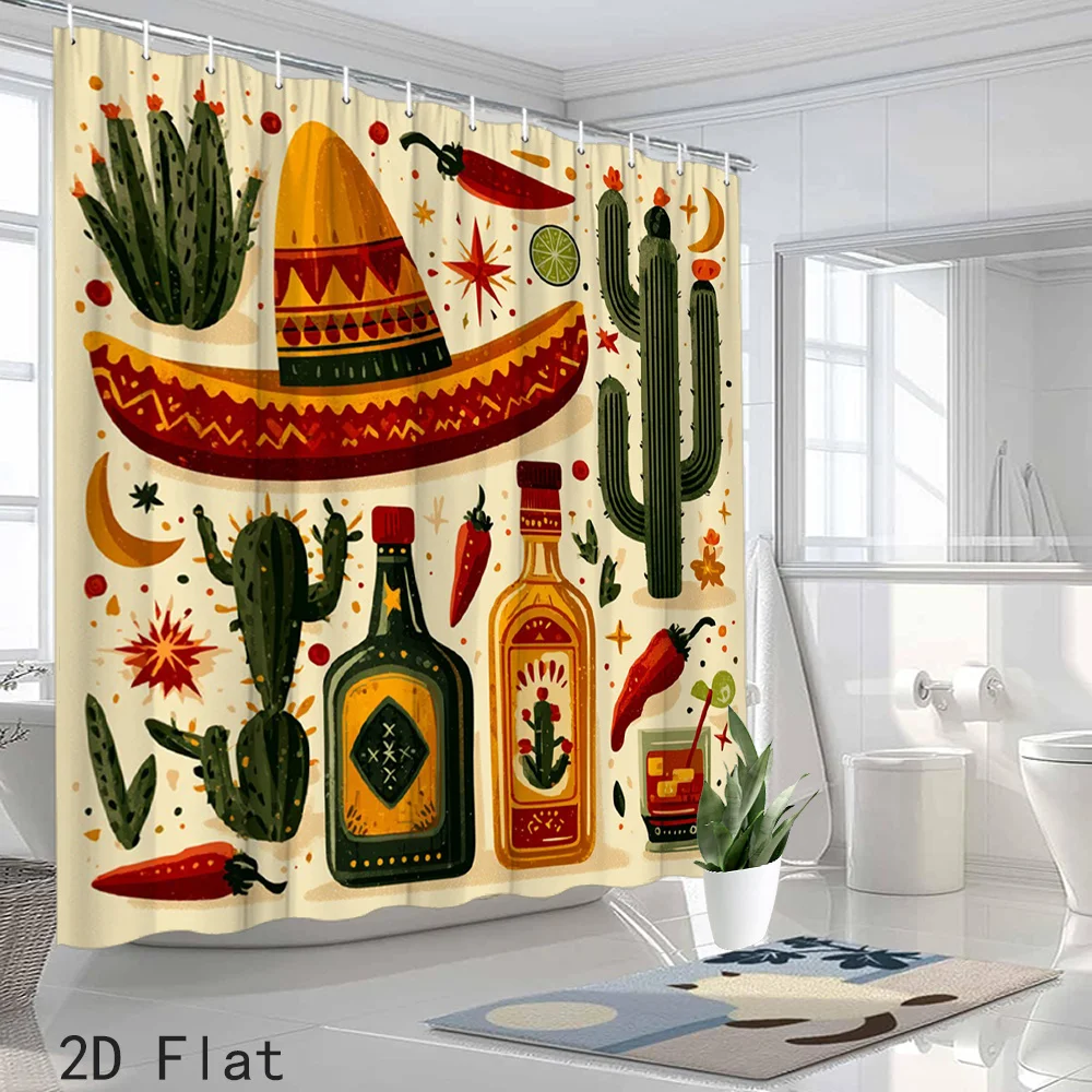 Rideau de douche Fiesta mexicaine, imprimé sombrero, cactus et tequila, décoration de salle de bain bohème du sud-ouest, rideau de bain en polyester imperméable